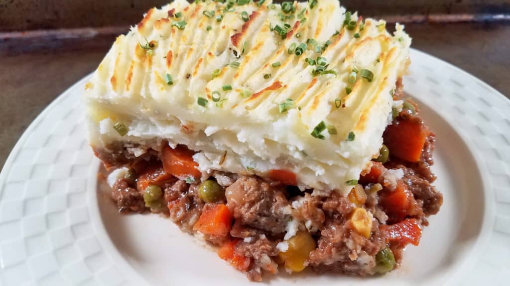 A huge slice of turkey shepherd's pie.