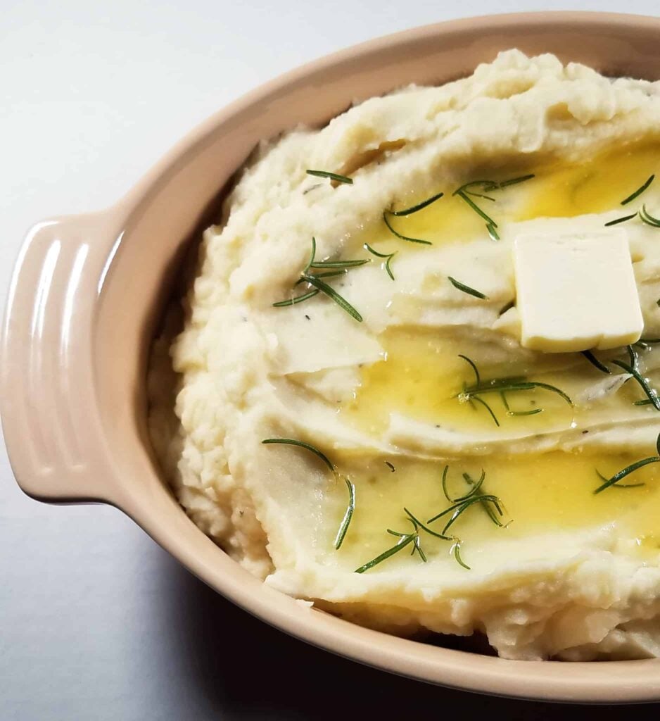 A dish with fluffy Instant Pot mashed potatoes.